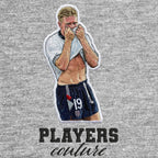 Gazza 1990 Badge Men's T-Shirt – grey close-up detail shot of the Gazza 1990 Players Couture logo design