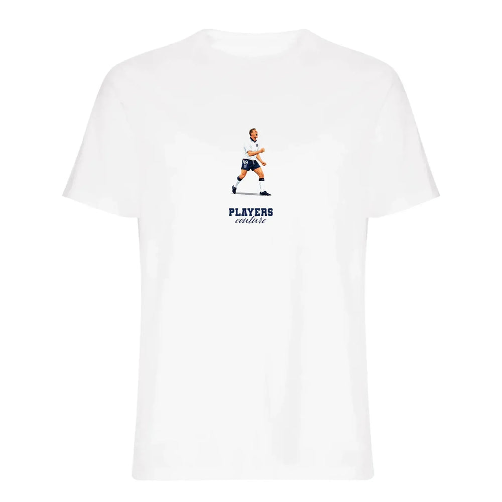 Paul Gascoigne Icon t-shirt – white men's t-shirt with black Paul Gascoigne Icon letters and Players Couture logo on the