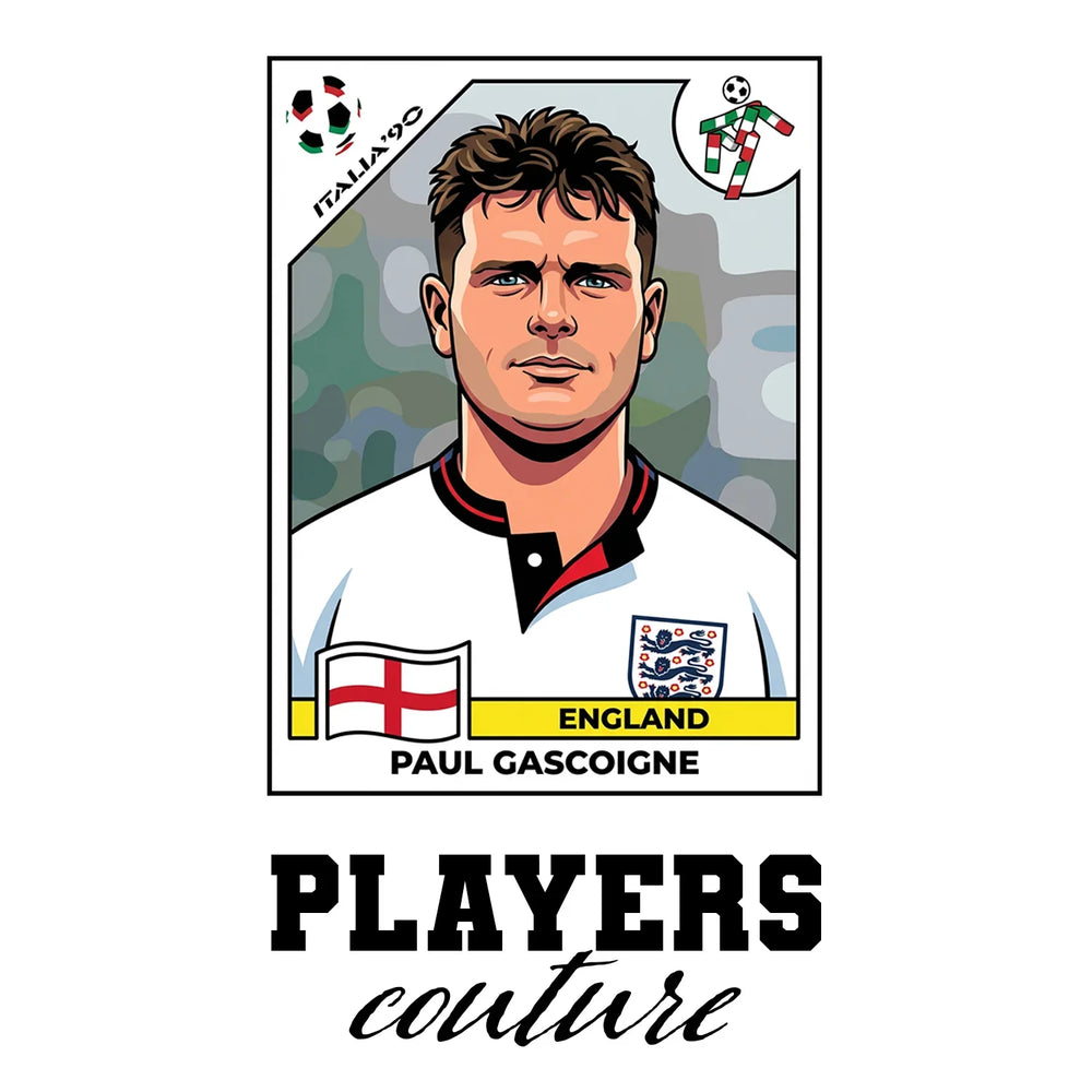 Paul Gascoigne World Cup Sticker Men's T-Shirt – white close-up detail shot of the Paul Gascoigne Players Couture logo design