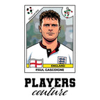 Paul Gascoigne World Cup Sticker Men's T-Shirt – white close-up detail shot of the Paul Gascoigne Players Couture logo design