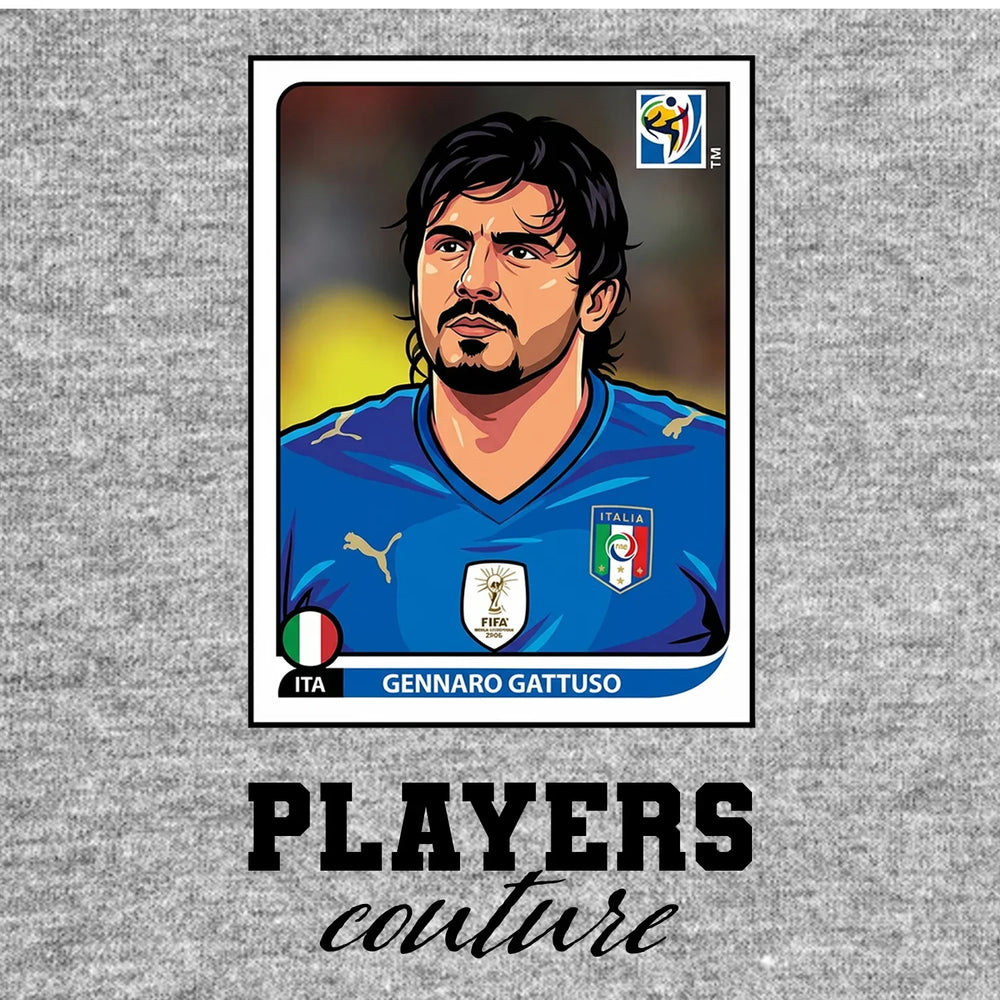 Gennaro Gattuso World Cup Sticker Men's T-Shirt – grey close-up detail shot of the Gennaro Gattuso World Cup Players Couture