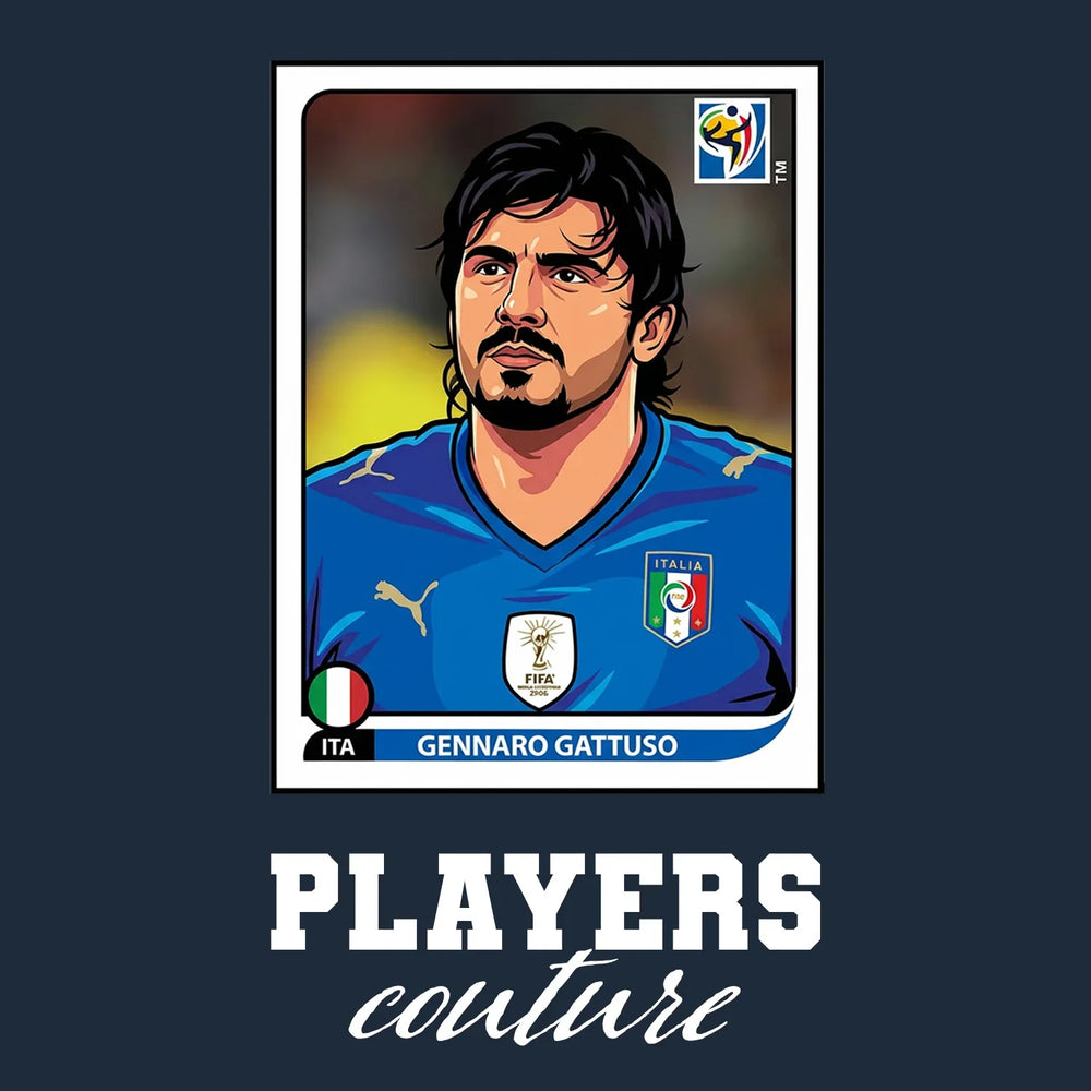 Gennaro Gattuso World Cup Sticker Men's T-Shirt – navy close-up detail shot of the Gennaro Gattuso World Cup Players Couture