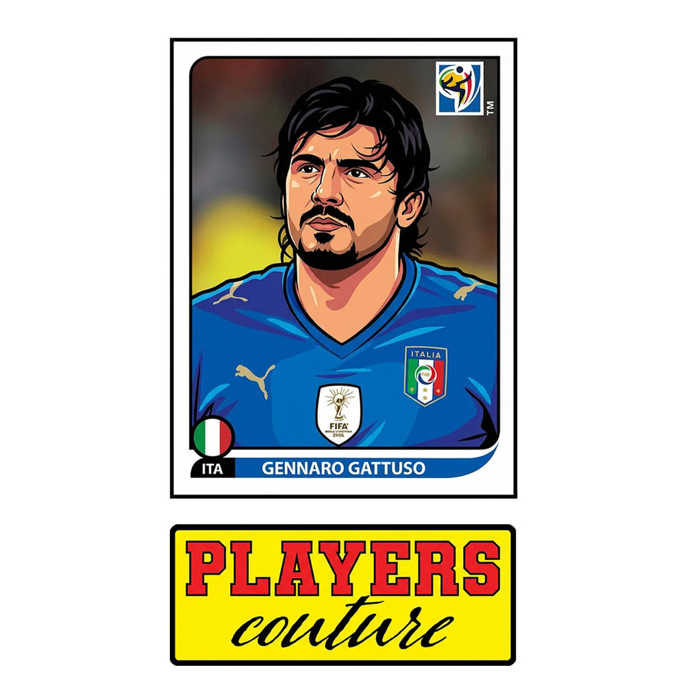 Gennaro Gattuso World Cup Sticker Men's T-Shirt – close-up detail shot of the Gennaro Gattuso World Cup Players Couture logo