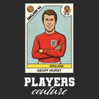Geoff Hurst World Cup Sticker Men's T-Shirt – black close-up detail shot of the Geoff Hurst World Cup Players Couture logo