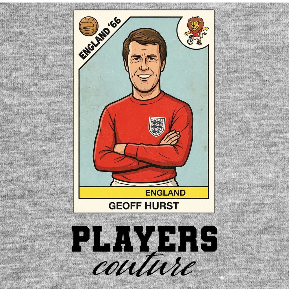 Geoff Hurst World Cup Sticker Men's T-Shirt – grey close-up detail shot of the Geoff Hurst World Cup Players Couture logo