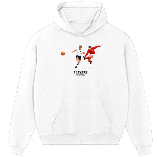Geoff Hurst hoodie – white men's hoodie with black Geoff Hurst letters and Players Couture logo on the chest