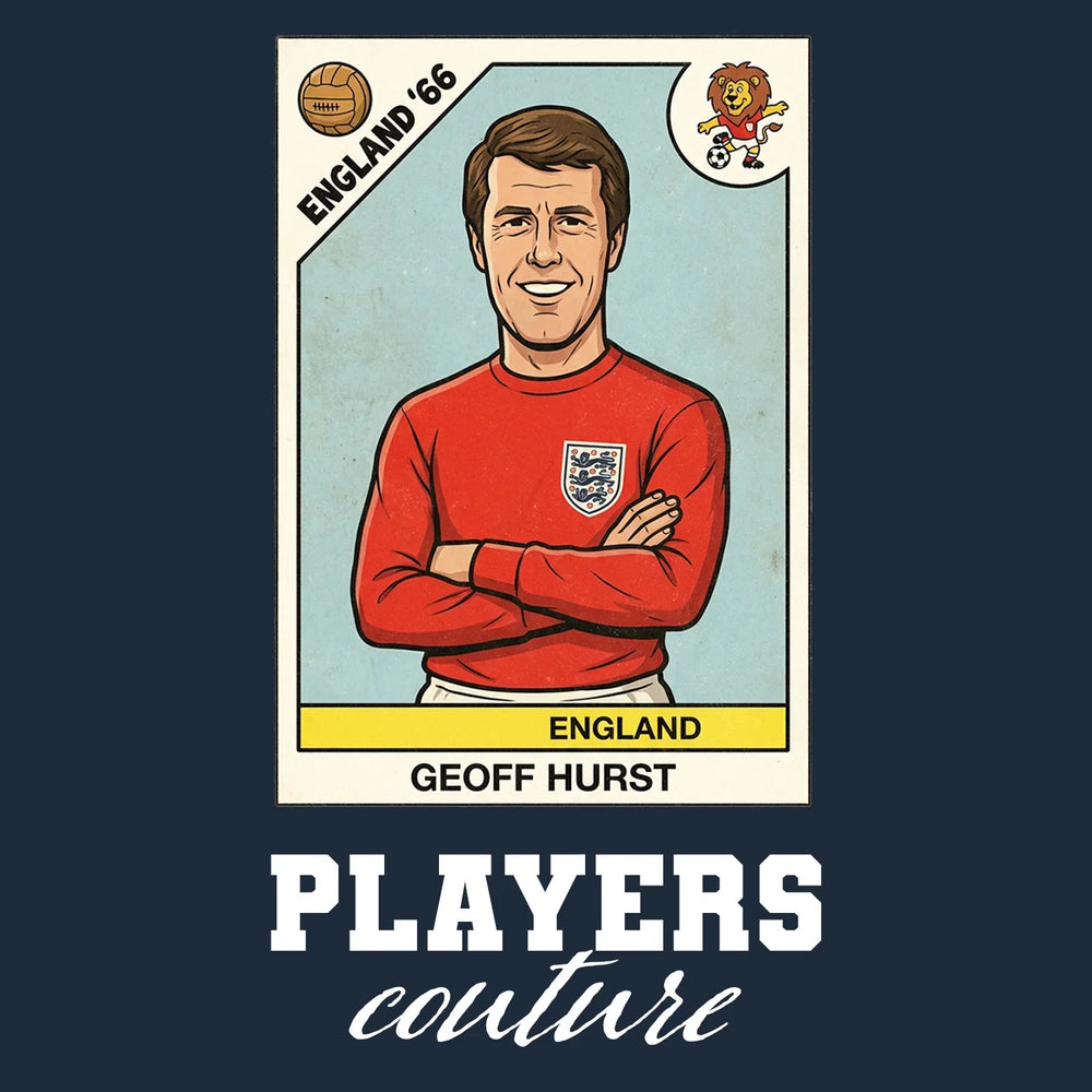 Geoff Hurst World Cup Sticker Men's T-Shirt – navy close-up detail shot of the Geoff Hurst World Cup Players Couture logo