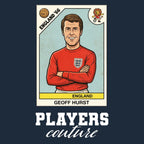 Geoff Hurst World Cup Sticker Men's T-Shirt – navy close-up detail shot of the Geoff Hurst World Cup Players Couture logo