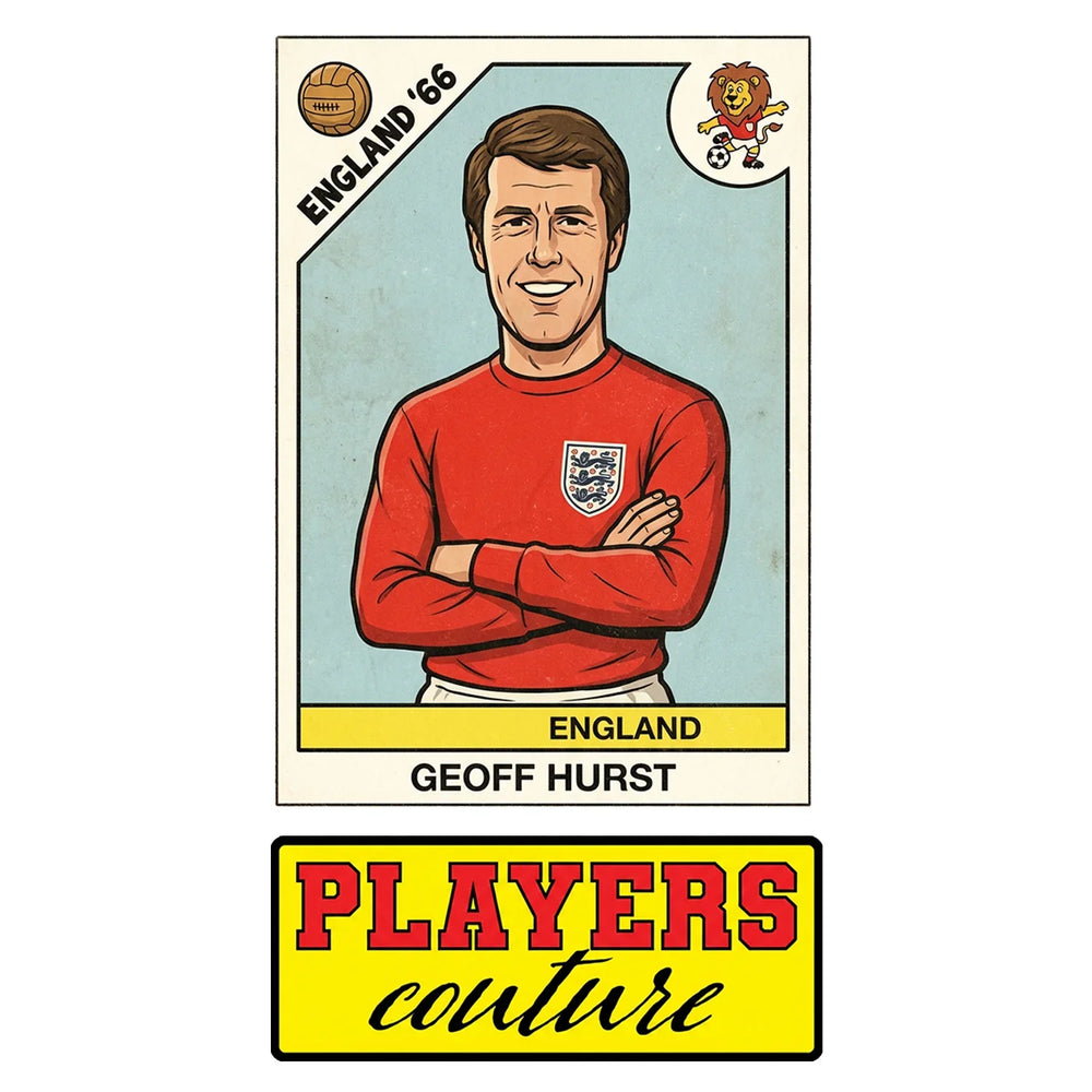 Geoff Hurst World Cup Sticker Men's T-Shirt – close-up detail shot of the Geoff Hurst World Cup Players Couture logo design
