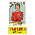 Geoff Hurst World Cup Sticker Men's T-Shirt – close-up detail shot of the Geoff Hurst World Cup Players Couture logo design