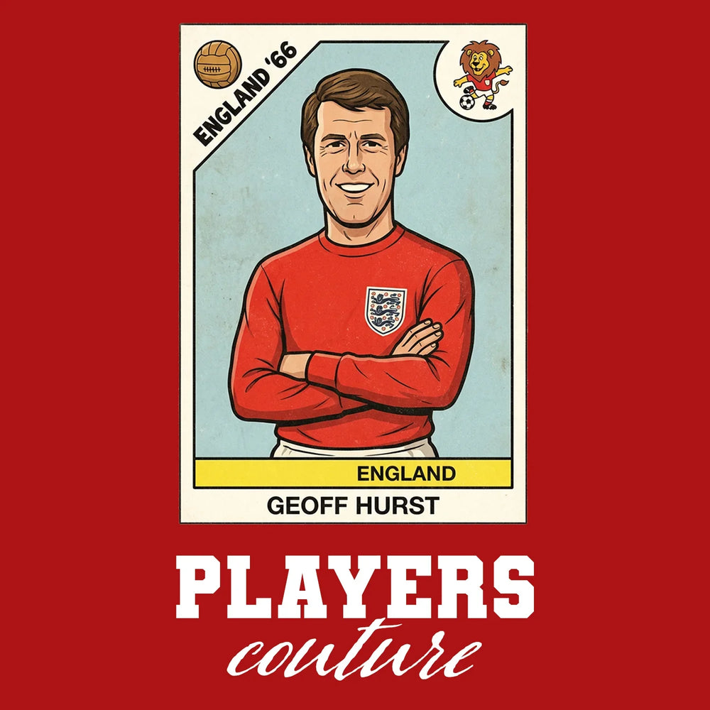 Geoff Hurst World Cup Sticker Men's T-Shirt – red close-up detail shot of the Geoff Hurst World Cup Players Couture logo