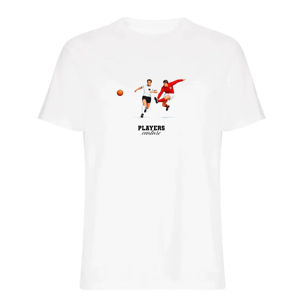Geoff Hurst Icon t-shirt – white men's t-shirt with black Geoff Hurst Icon letters and Players Couture logo on the chest