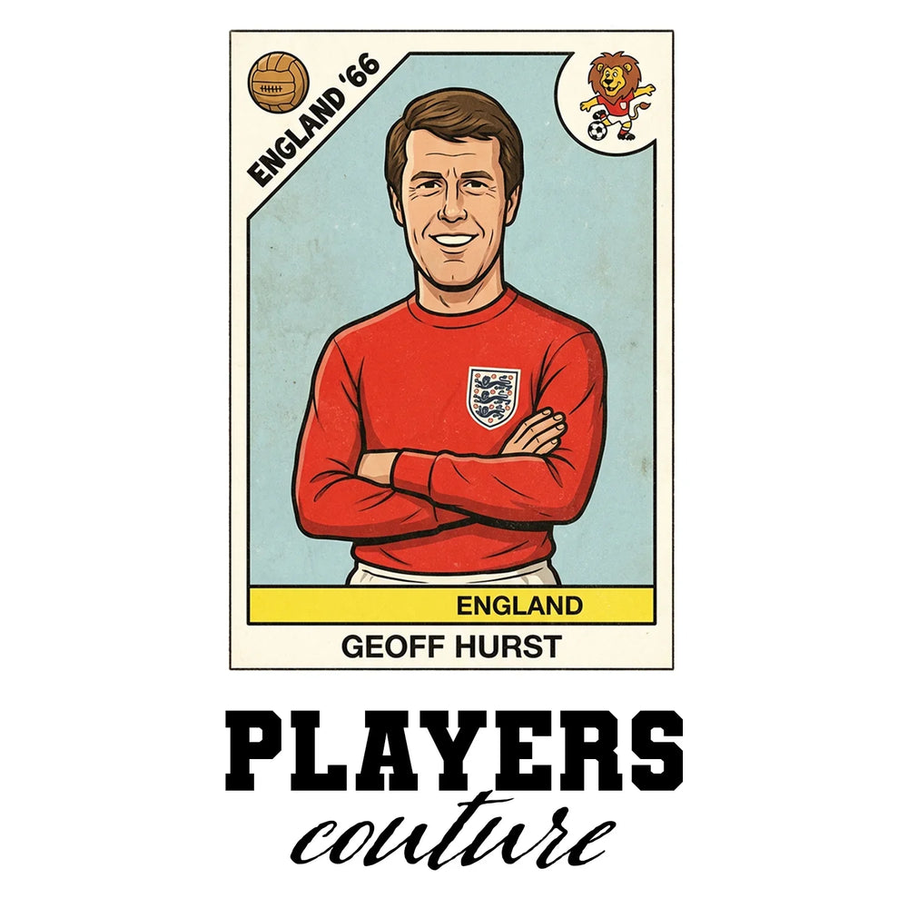 Geoff Hurst World Cup Sticker Men's T-Shirt – white close-up detail shot of the Geoff Hurst Players Couture logo design