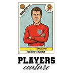 Geoff Hurst World Cup Sticker Men's T-Shirt – white close-up detail shot of the Geoff Hurst Players Couture logo design
