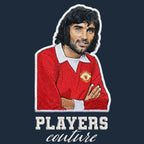 George Best Badge Men's T-Shirt – navy close-up detail shot of the George Best Players Couture logo design