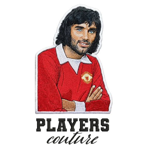 George Best Badge Men's T-Shirt – white close-up detail shot of the George Best Players Couture logo design