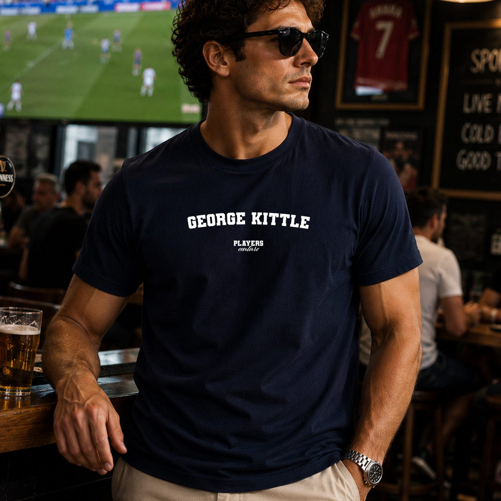 George Kittle Men's T-Shirt — lifestyle photo, Navy t-shirt