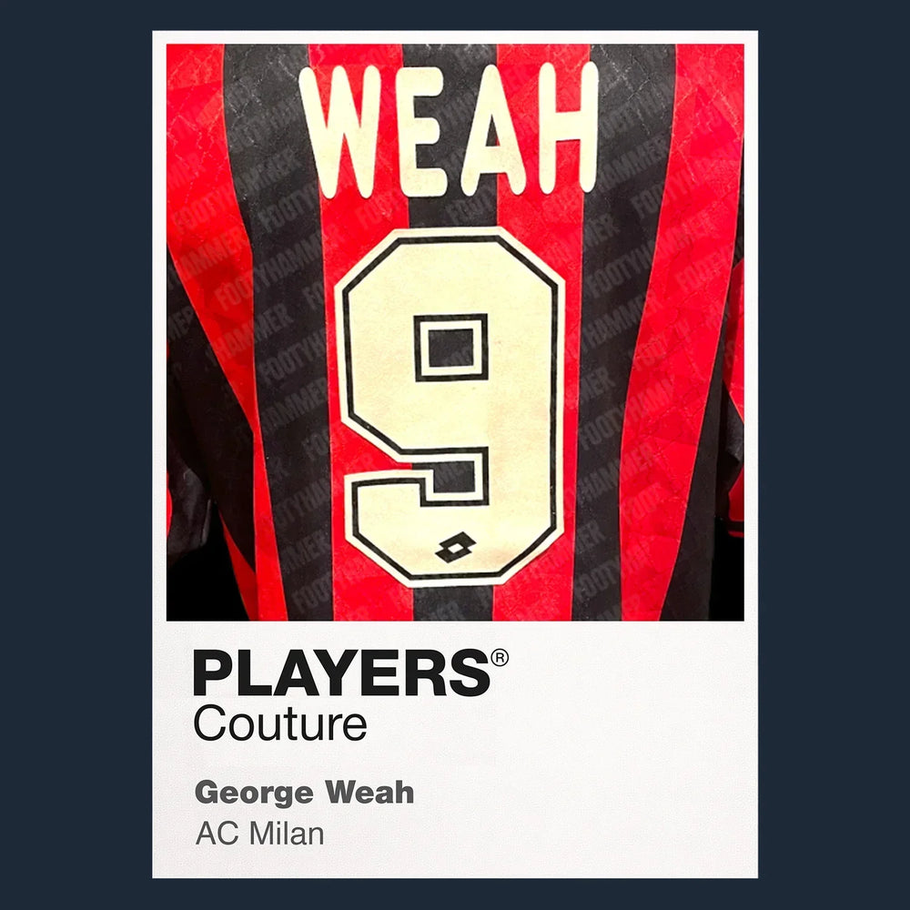 George Weah 9 Football Shirt Frame Men's Hoodie – navy close-up detail shot of the George Weah Players Couture logo design
