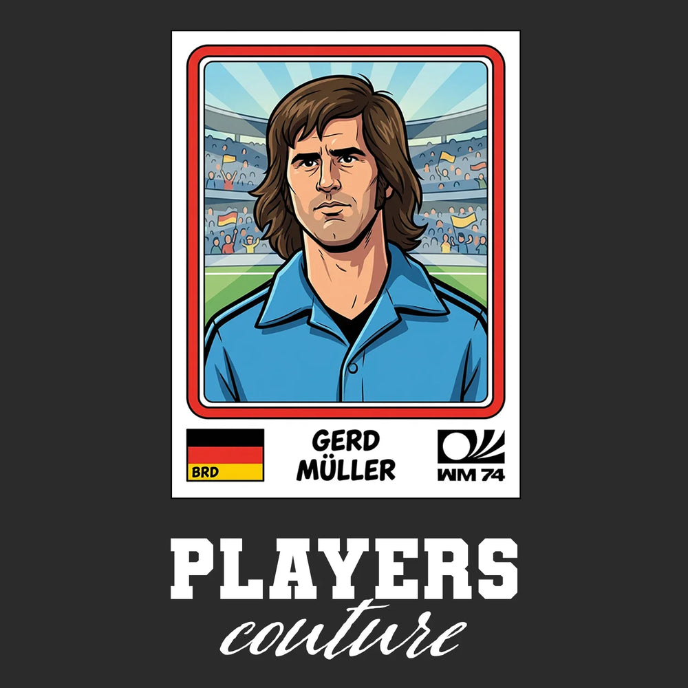 Gerd Muller World Cup Sticker Men's T-Shirt – black close-up detail shot of the Gerd Muller World Cup Players Couture logo