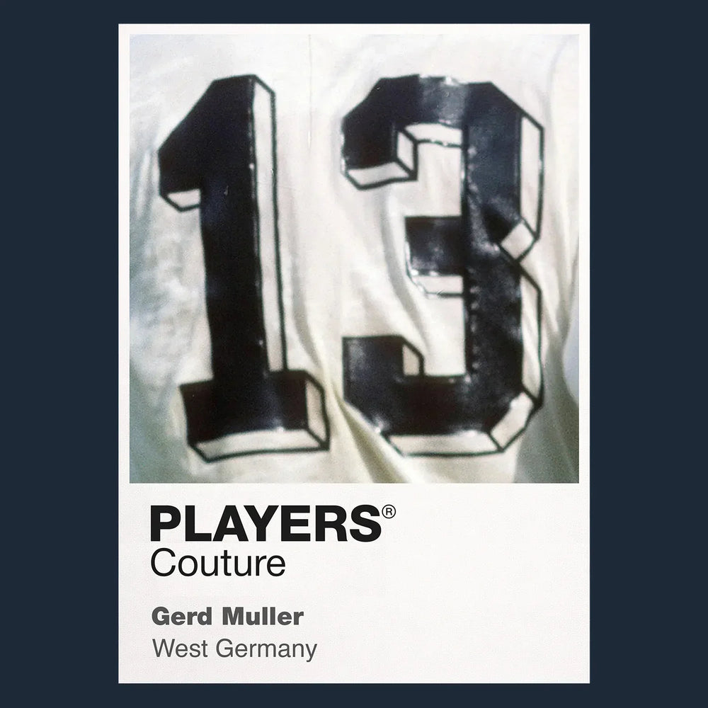 Gerd Muller 13 Football Shirt Frame Men's Hoodie – navy close-up detail shot of the Gerd Muller 13 Football Players Couture