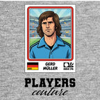 Gerd Muller World Cup Sticker Men's T-Shirt – grey close-up detail shot of the Gerd Muller World Cup Players Couture logo