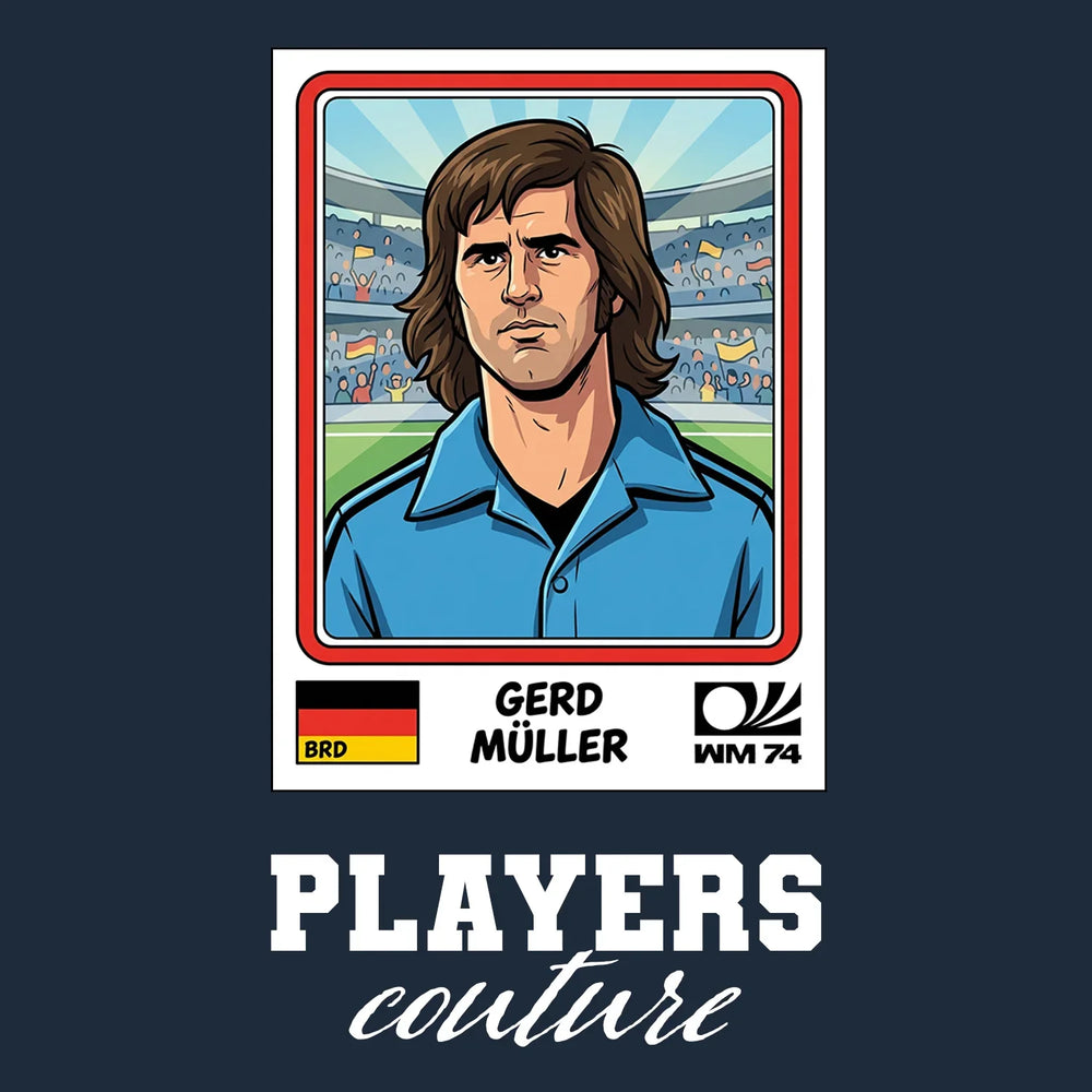 Gerd Muller World Cup Sticker Men's T-Shirt – navy close-up detail shot of the Gerd Muller World Cup Players Couture logo