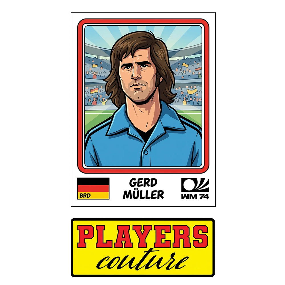 Gerd Muller World Cup Sticker Men's T-Shirt – close-up detail shot of the Gerd Muller World Cup Players Couture logo design