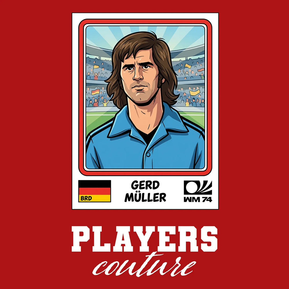 Gerd Muller World Cup Sticker Men's T-Shirt – red close-up detail shot of the Gerd Muller World Cup Players Couture logo