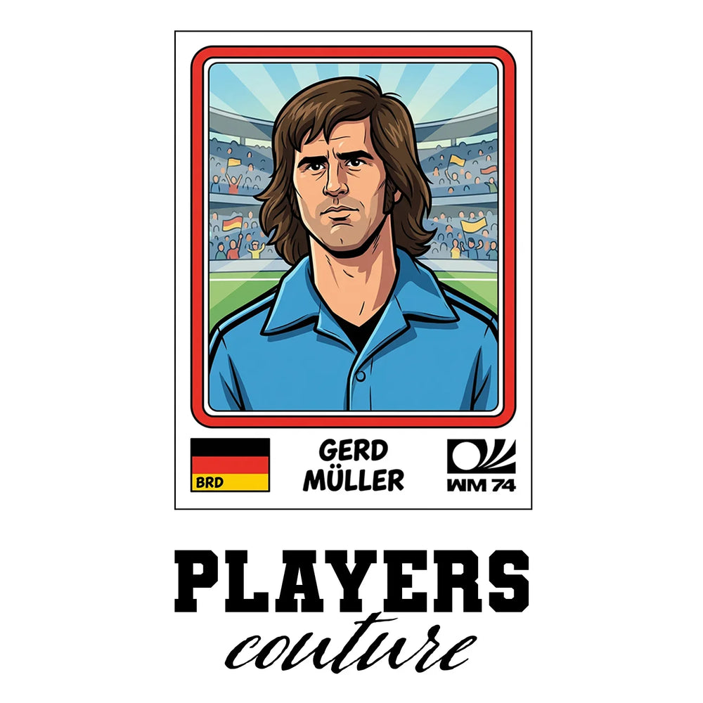 Gerd Muller World Cup Sticker Men's T-Shirt – white close-up detail shot of the Gerd Muller Players Couture logo design