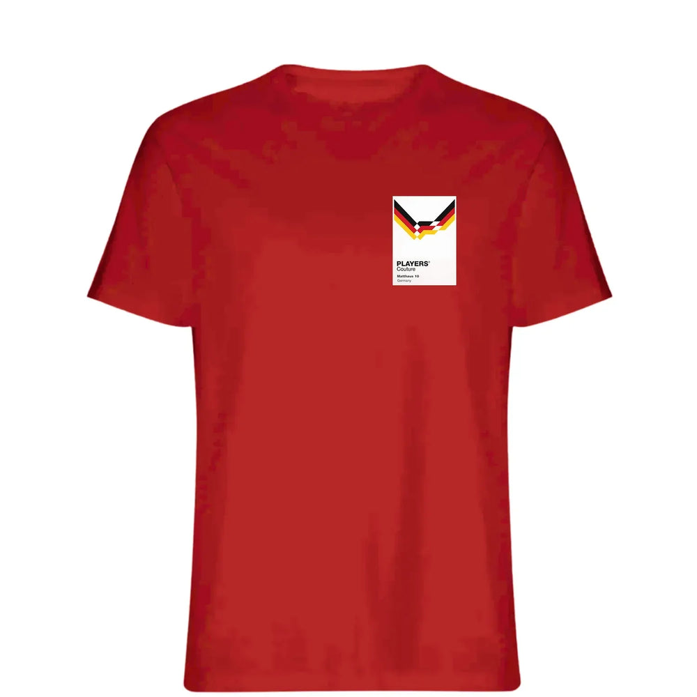 Germany 1990 t-shirt – red men's t-shirt featuring the Germany 1990 Players Couture logo