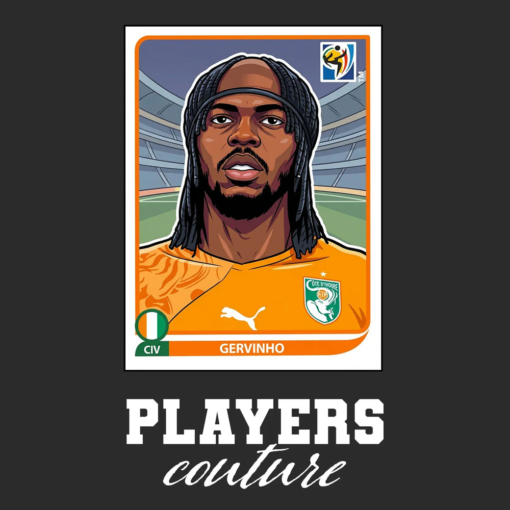 Gervinho World Cup Sticker Men's T-Shirt – black close-up detail shot of the Gervinho World Cup Players Couture logo design