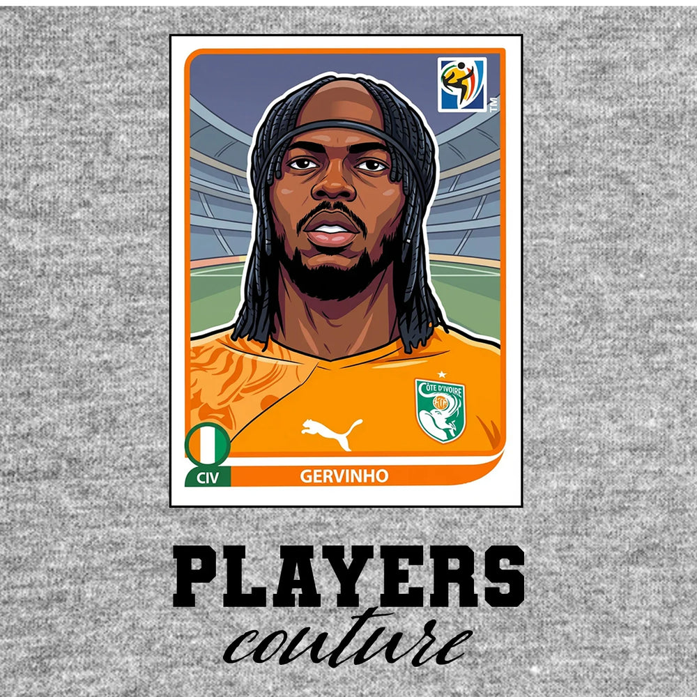 Gervinho World Cup Sticker Men's T-Shirt – grey close-up detail shot of the Gervinho World Cup Players Couture logo design