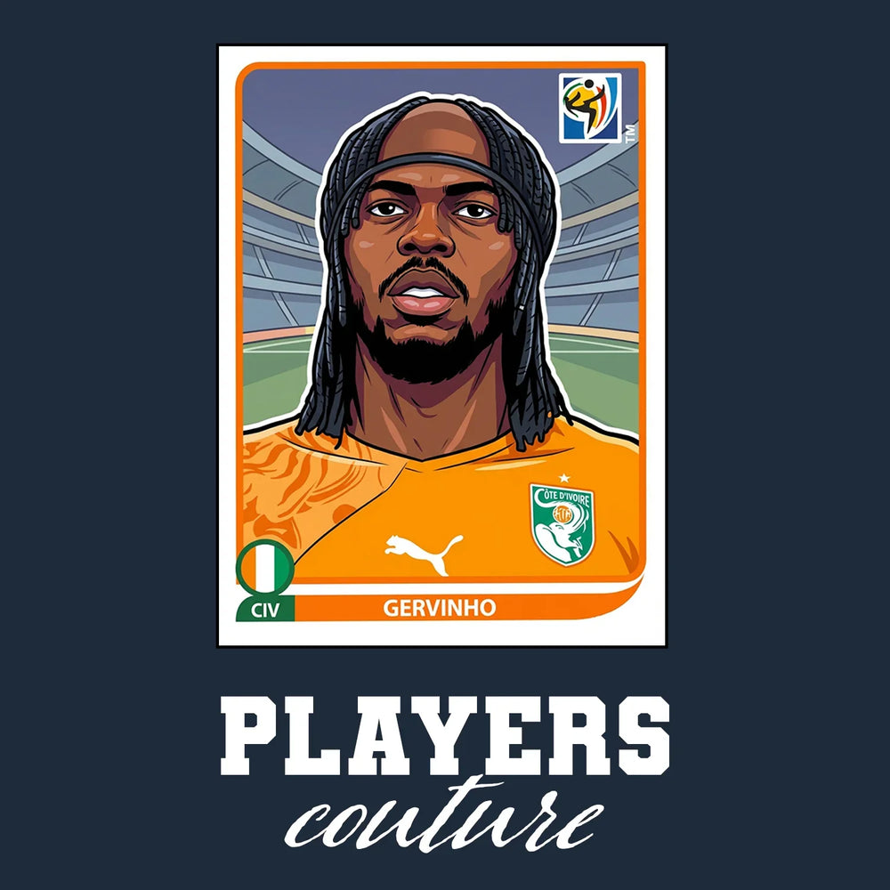 Gervinho World Cup Sticker Men's T-Shirt – navy close-up detail shot of the Gervinho World Cup Players Couture logo design