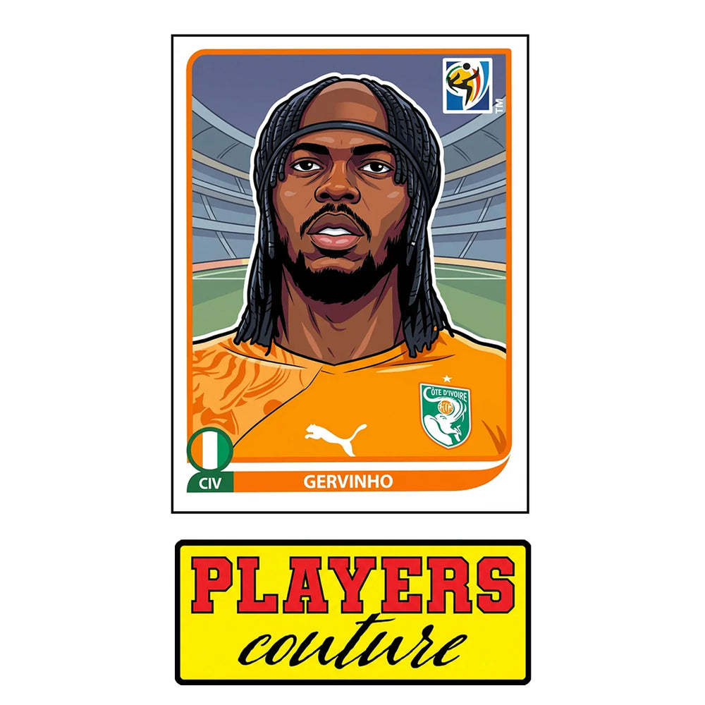 Gervinho World Cup Sticker Men's T-Shirt – close-up detail shot of the Gervinho World Cup Players Couture logo design