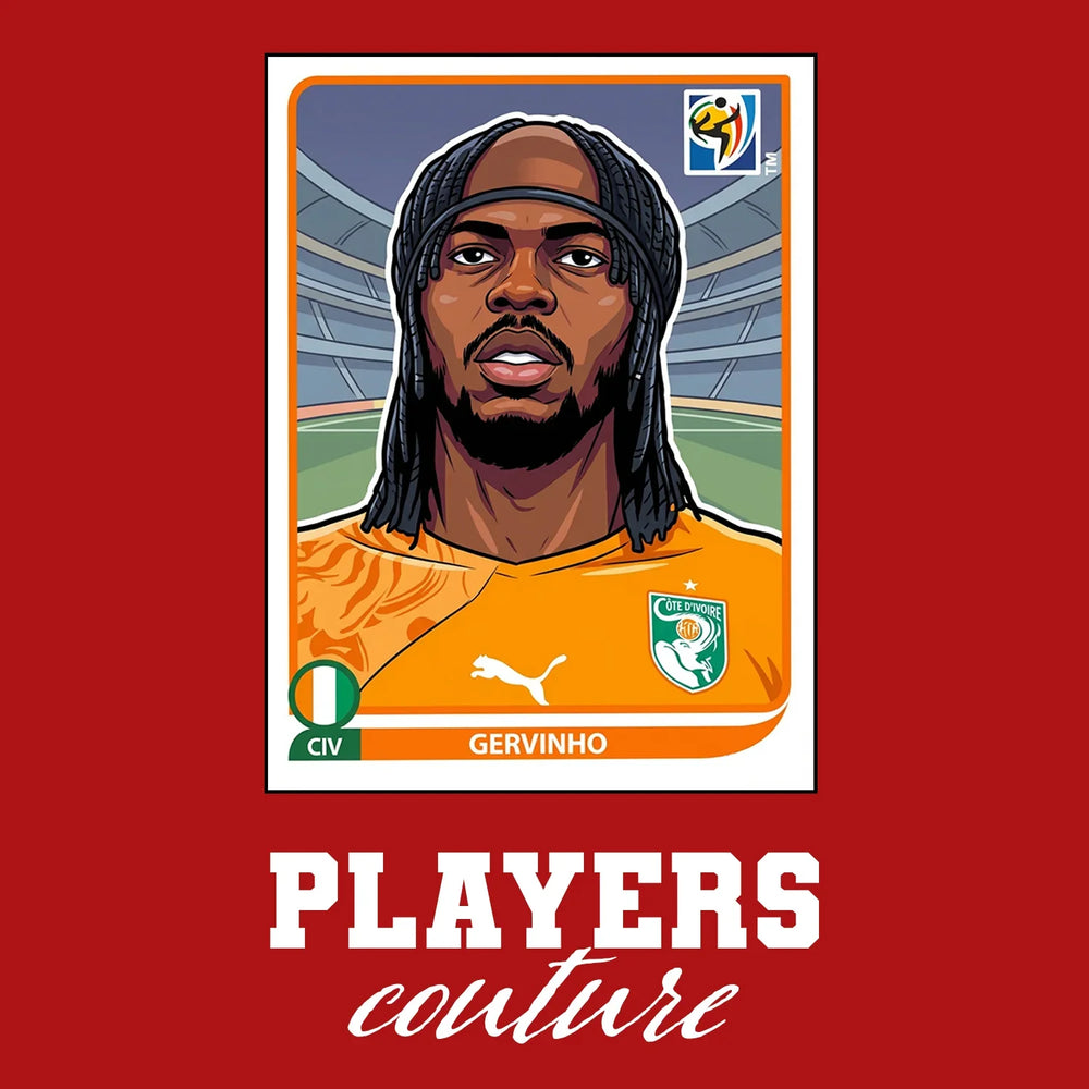 Gervinho World Cup Sticker Men's T-Shirt – red close-up detail shot of the Gervinho World Cup Players Couture logo design