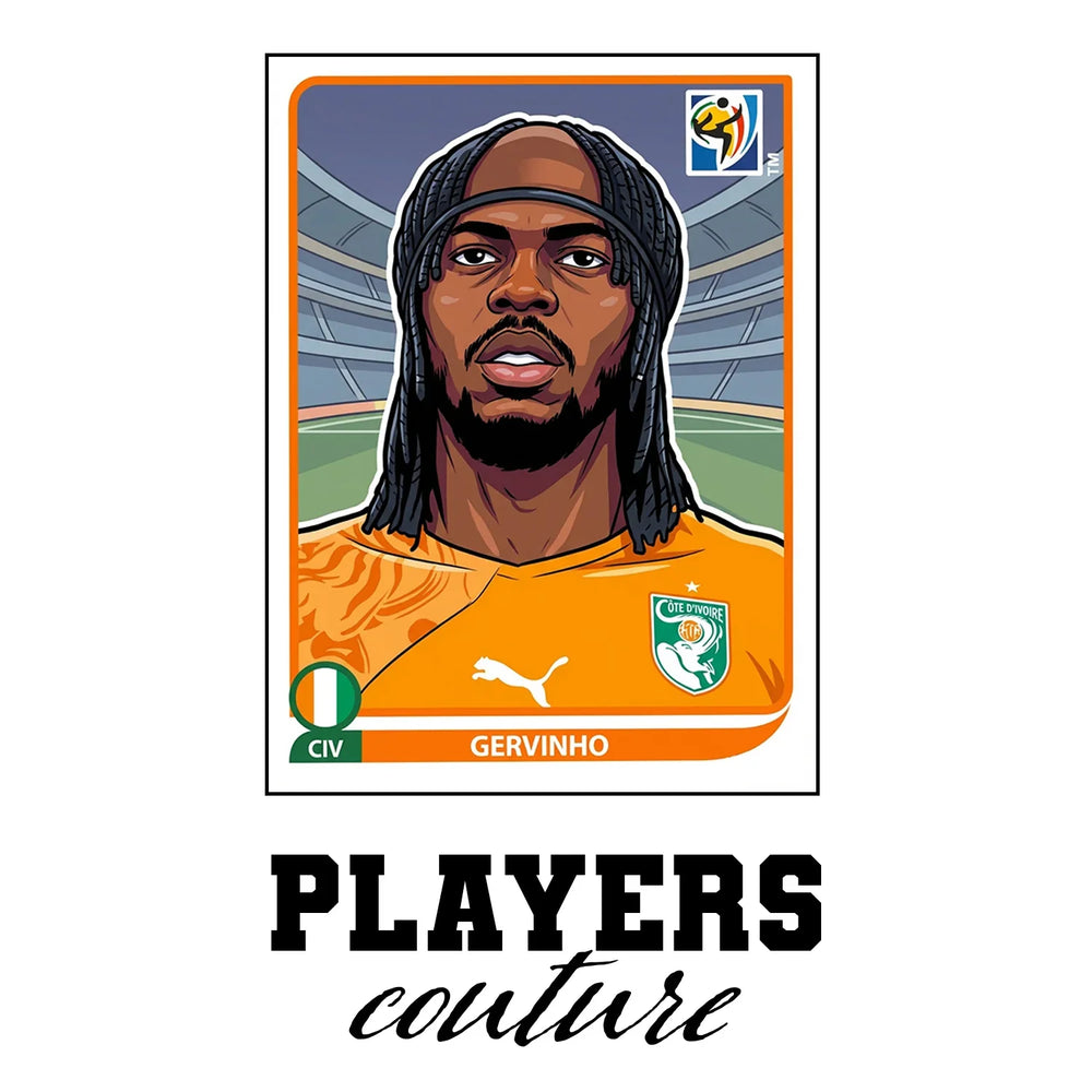 Gervinho World Cup Sticker Men's T-Shirt – white close-up detail shot of the Gervinho Players Couture logo design