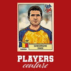 Gheorghe Hagi World Cup Sticker Men's T-Shirt – red close-up detail shot of the Gheorghe Hagi World Cup Players Couture logo
