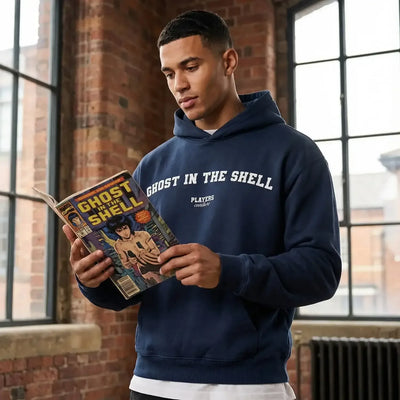 Ghost In The Shell hoodie – navy men's hoodie with white Ghost In The Shell letters and Players Couture logo on the chest