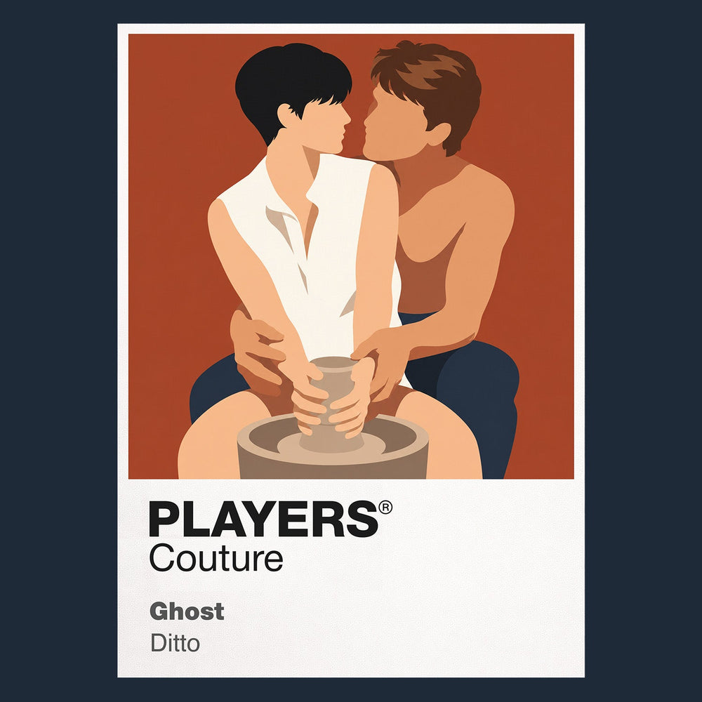 Ghost Sam and Molly at the pottery wheel in blue-grey light, connected across life and death Icon Frame artwork in navy