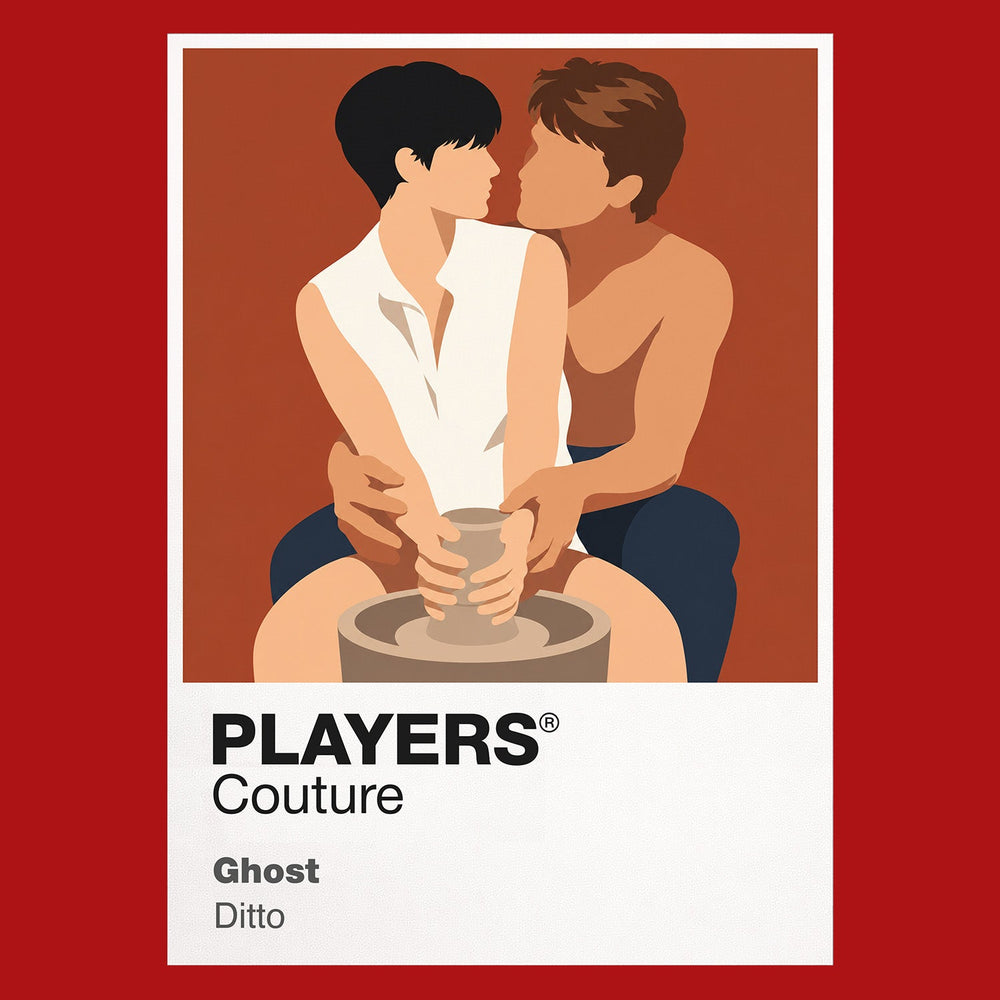 Ghost Sam and Molly at the pottery wheel in blue-grey light, connected across life and death Icon Frame artwork in red