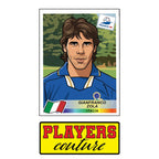 Gianfranco Zola World Cup Sticker Men's T-Shirt – close-up detail shot of the Gianfranco Zola World Cup Players Couture logo
