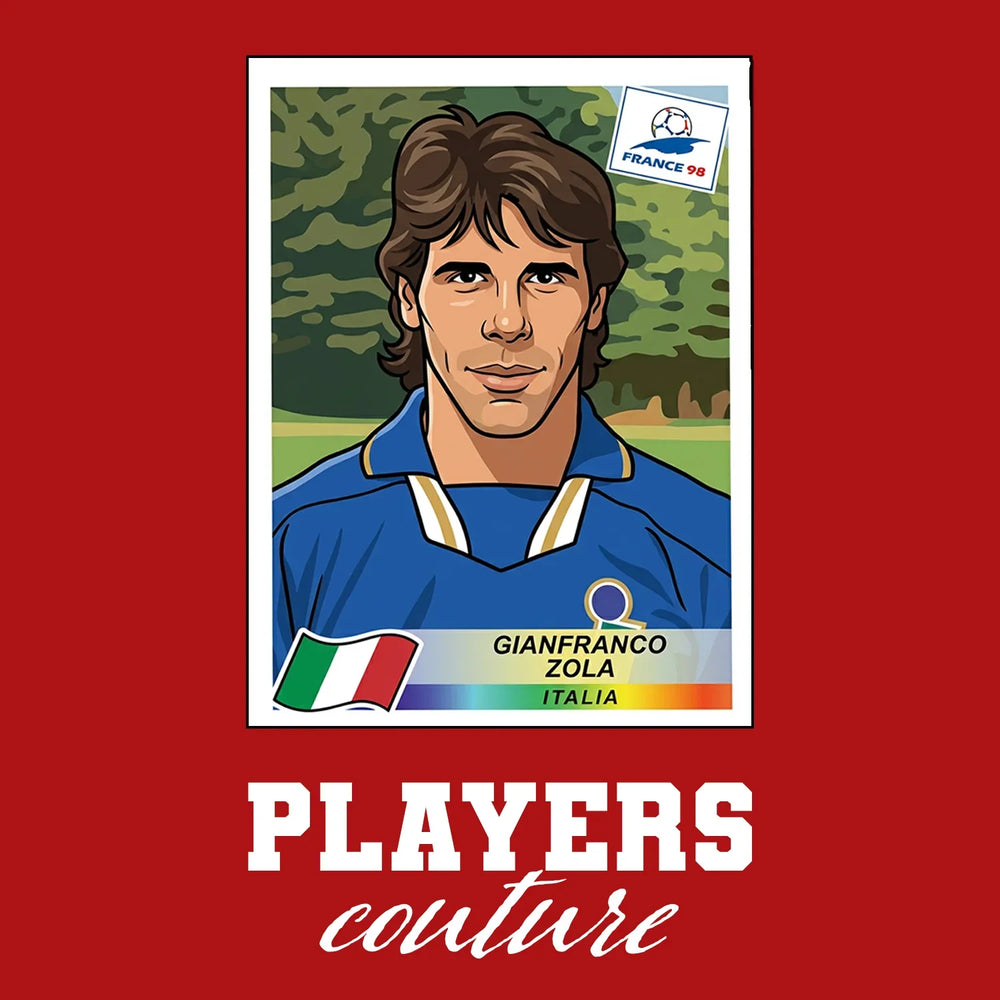 Gianfranco Zola World Cup Sticker Men's T-Shirt – red close-up detail shot of the Gianfranco Zola World Cup Players Couture
