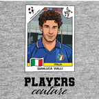 Gianluca Vialli World Cup Sticker Men's T-Shirt – grey close-up detail shot of the Gianluca Vialli World Cup Players Couture