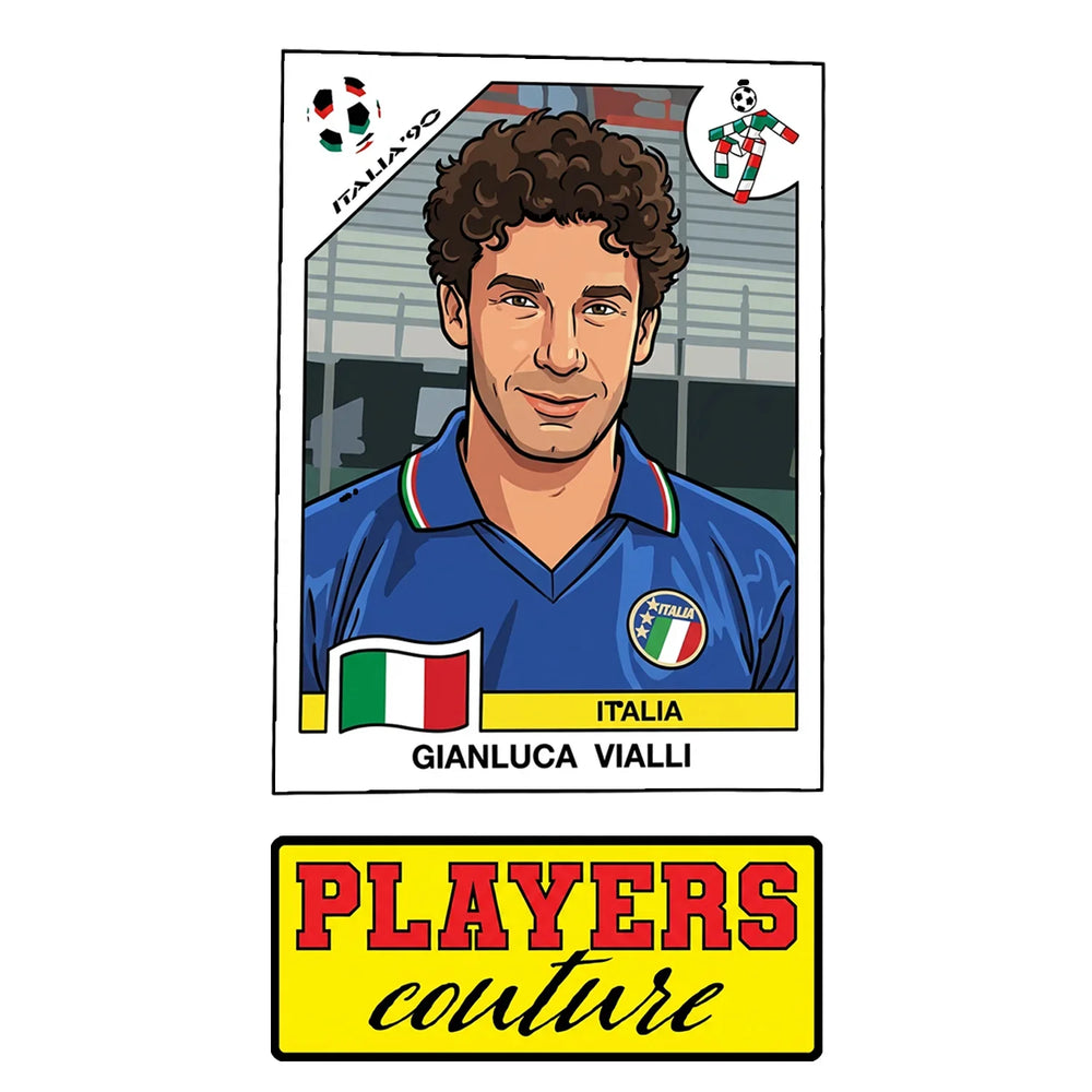 Gianluca Vialli World Cup Sticker Men's T-Shirt – close-up detail shot of the Gianluca Vialli World Cup Players Couture logo