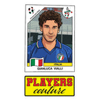 Gianluca Vialli World Cup Sticker Men's T-Shirt – close-up detail shot of the Gianluca Vialli World Cup Players Couture logo
