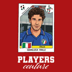Gianluca Vialli World Cup Sticker Men's T-Shirt – red close-up detail shot of the Gianluca Vialli World Cup Players Couture