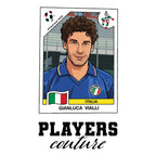 Gianluca Vialli World Cup Sticker Men's T-Shirt – white close-up detail shot of the Gianluca Vialli Players Couture logo