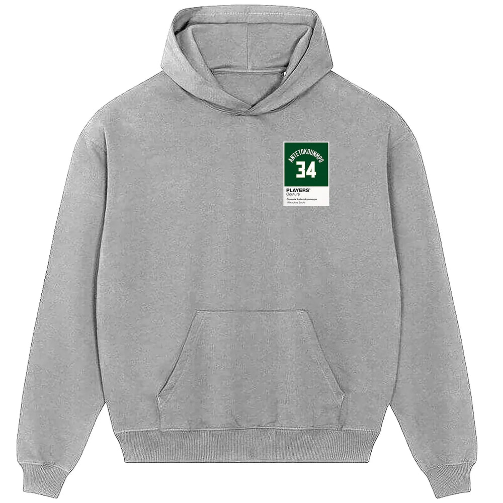 Giannis Antetokounmpo 34 hoodie – grey men's hoodie featuring the Giannis Antetokounmpo 34 Players Couture logo