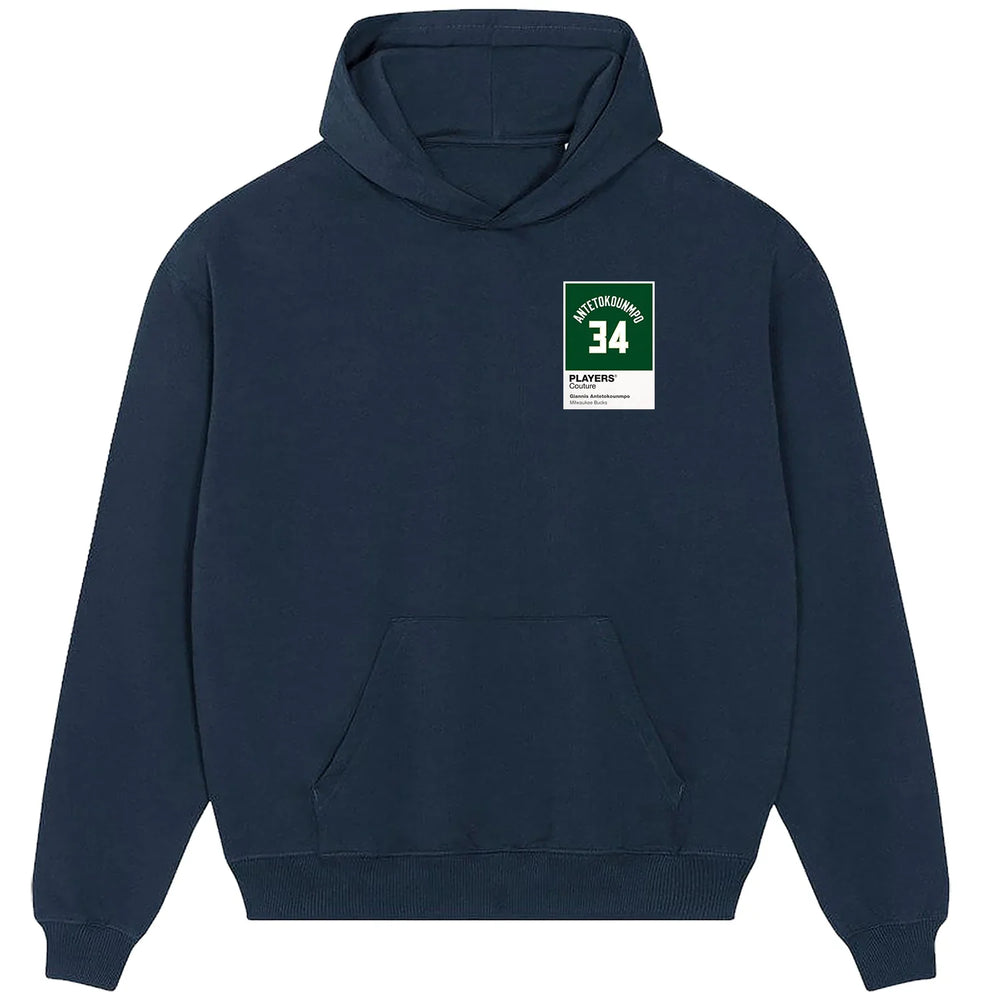Giannis Antetokounmpo 34 hoodie – navy men's hoodie featuring the Giannis Antetokounmpo 34 Players Couture logo