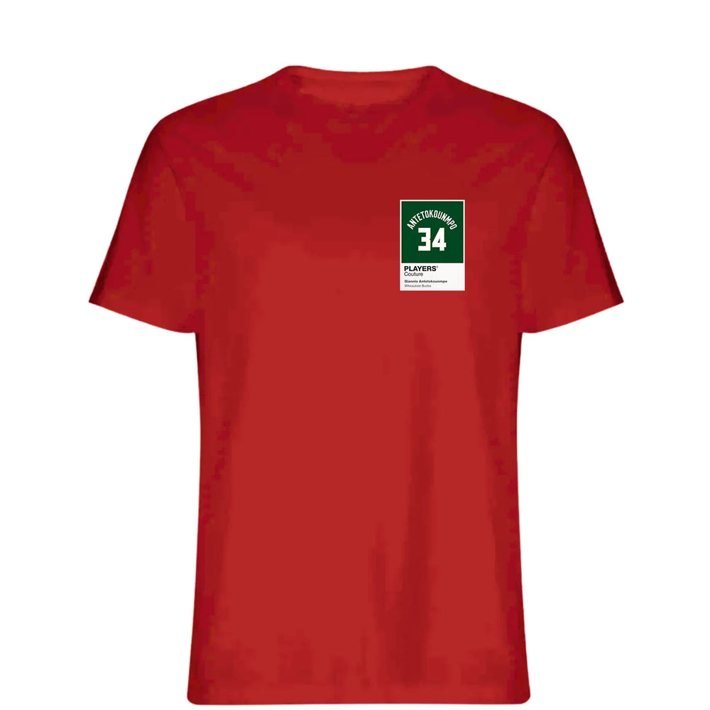 Giannis Antetokounmpo 34 t-shirt – red men's t-shirt featuring the Giannis Antetokounmpo 34 Players Couture logo